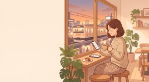 駅前のカフェでスマートフォンを見ながら結婚相談所を比べる女性