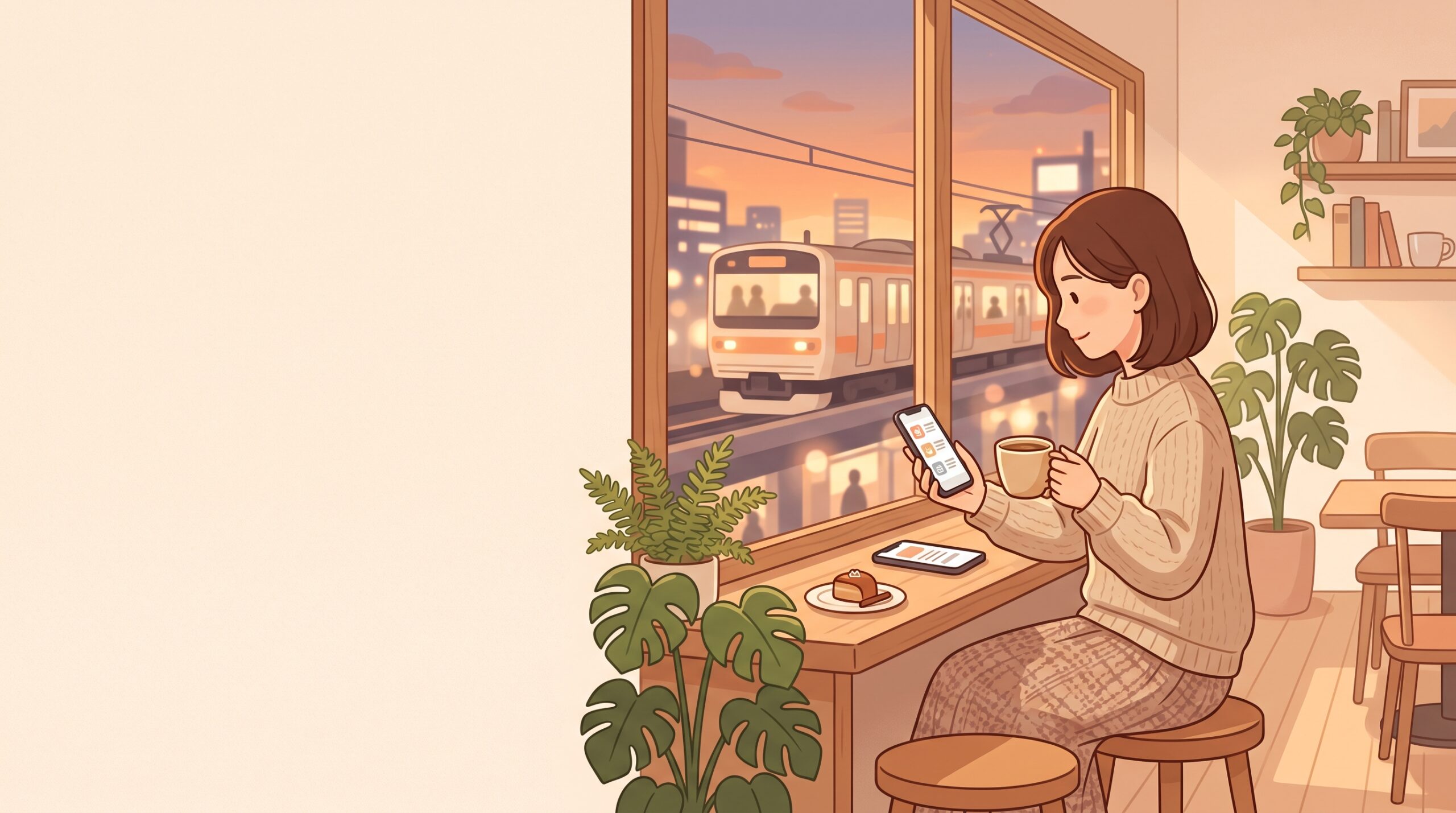 駅前のカフェでスマートフォンを見ながら結婚相談所を比べる女性
