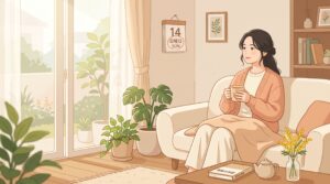 休日にソファでお茶を飲みながらくつろぐ女性