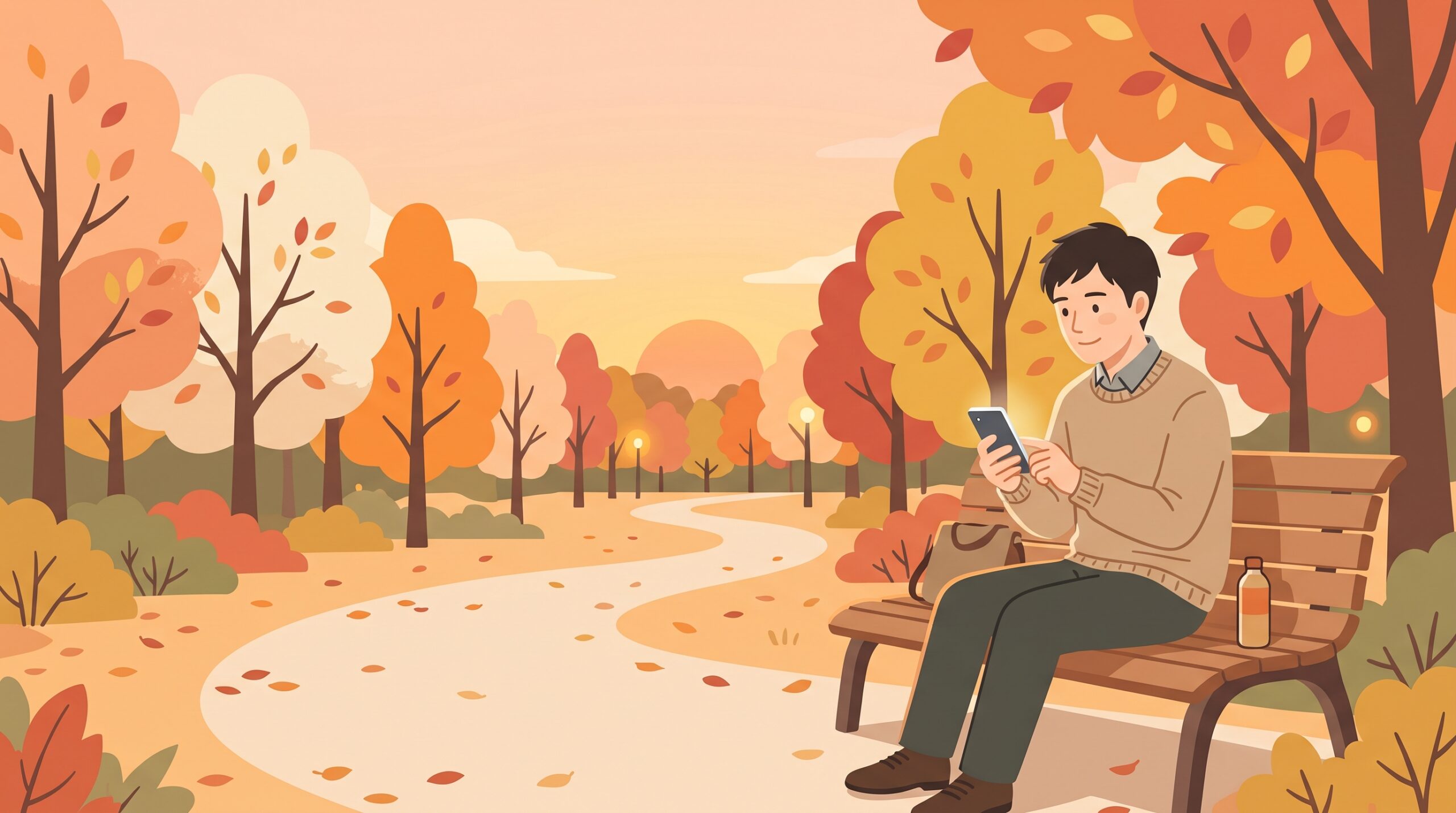 夕暮れの公園のベンチでスマートフォンを見る男性