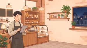 閉店後のパン屋でタブレットを確認する自営業の男性