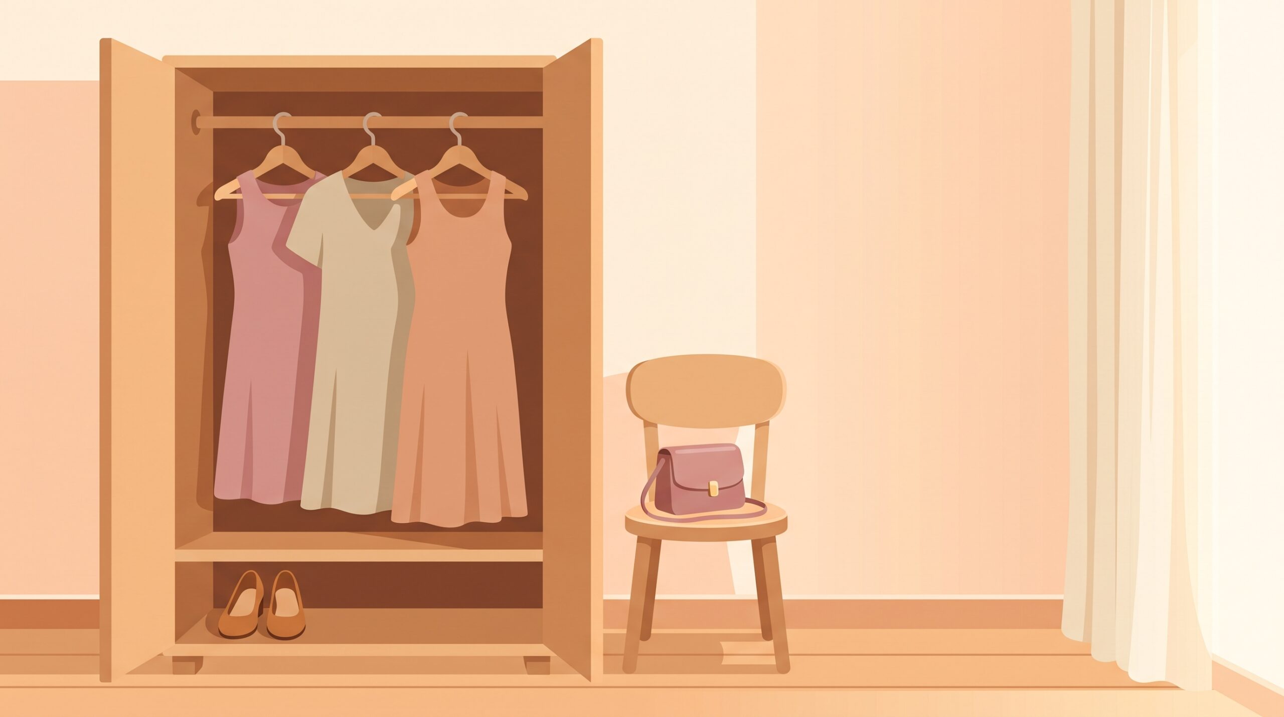 クローゼットに並ぶ女性の服。お見合いの服装を選ぶイメージ