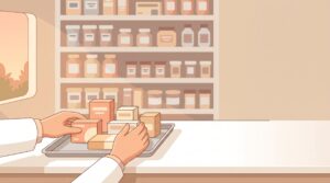 調剤室の棚と白衣の袖元。薬剤師が婚活を考えるイメージ