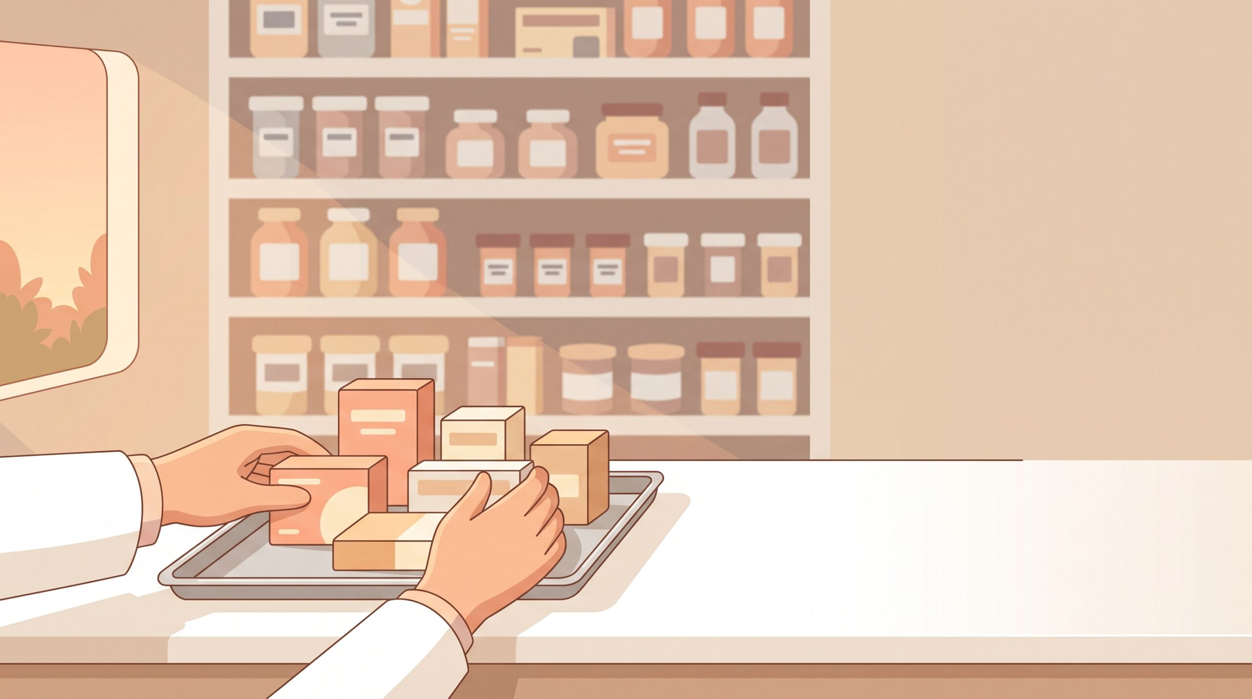 調剤室の棚と白衣の袖元。薬剤師が婚活を考えるイメージ
